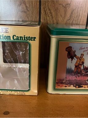 Vintage Green and Gold Tin Canister - Fishing Graphic